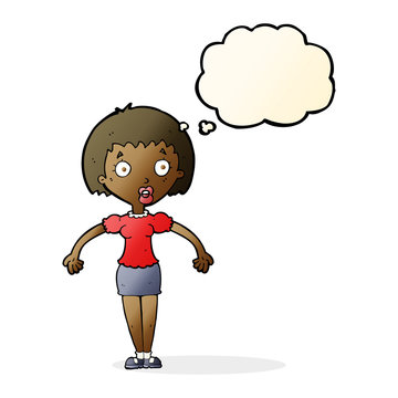 recommend clip art: cartoon confused woman shrugging shoulders with thought bubble