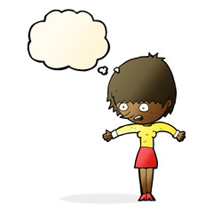 cartoon woman panicking with thought bubble