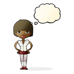 cartoon woman with hands on hips with thought bubble