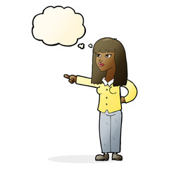 cartoon pretty woman pointing with thought bubble