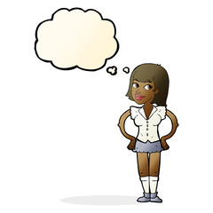 cartoon woman with hands on hips with thought bubble