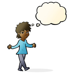 cartoon woman shrugging shoulders with thought bubble