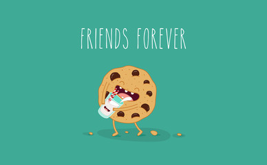 Funny cookies drink milk from a glass. Friends forever. Breakfast. Funny food