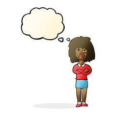 cartoon tough woman with folded arms with thought bubble