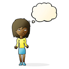 cartoon woman shrugging shoulders with thought bubble