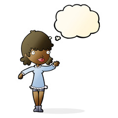 cartoon woman waving with thought bubble