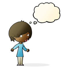 cartoon woman shrugging shoulders with thought bubble