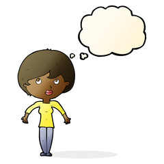 cartoon woman shrugging shoulders with thought bubble