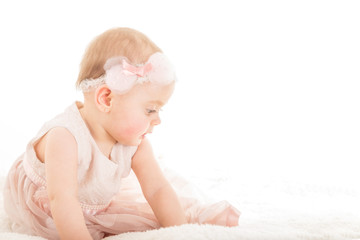 Kid  looking for toy against white background