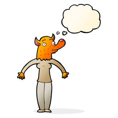 cartoon friendly fox woman with thought bubble
