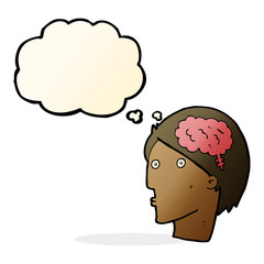 cartoon man with brain symbol with thought bubble