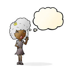 cartoon woman waving with thought bubble