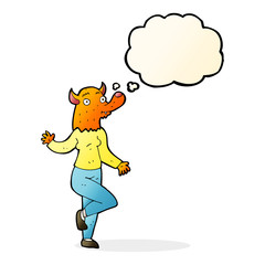 cartoon dancing fox woman with thought bubble