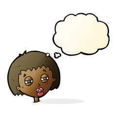 cartoon woman narrowing eyes with thought bubble