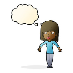 cartoon woman shrugging with thought bubble