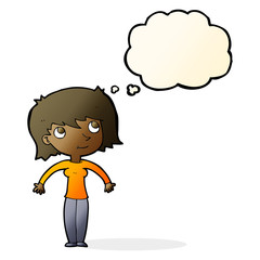 cartoon woman shrugging with thought bubble