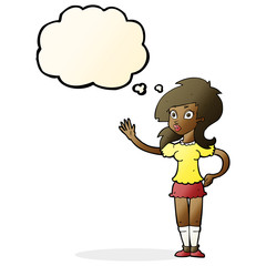 cartoon pretty woman waving for attention with thought bubble