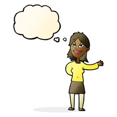 cartoon woman gesturing to show something with thought bubble