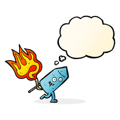 cartoon funny firework character with thought bubble