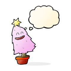 cartoon dancing christmas tree with thought bubble
