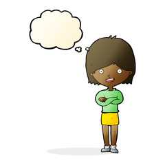 cartoon happy woman with thought bubble