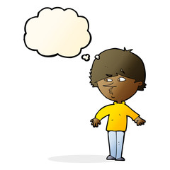 cartoon suspicious man looking over shoulder with thought bubble