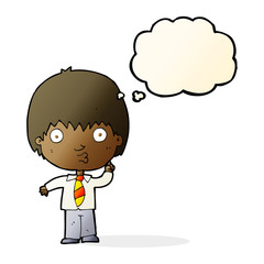 cartoon school boy answering question with thought bubble