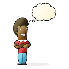 cartoon man with folded arms grinning with thought bubble