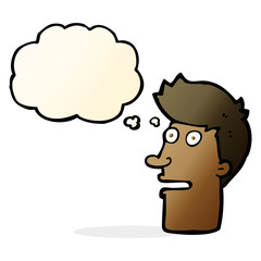 cartoon shocked male face with thought bubble