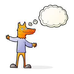cartoon fox man with thought bubble