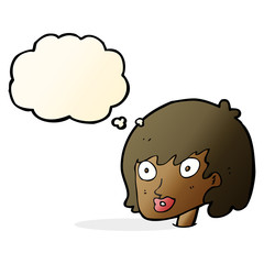 cartoon happy female face with thought bubble