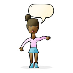 cartoon woman making dismissive gesture with thought bubble