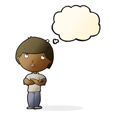cartoon happy man with folded arm with thought bubble