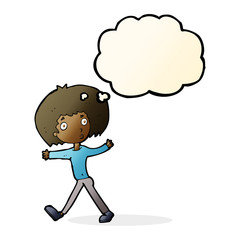 cartoon surprised man walking with thought bubble