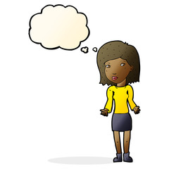 cartoon woman shrugging shoulders with thought bubble