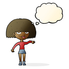 cartoon smug woman making dismissive gesture with thought bubble