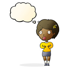 cartoon surprised woman with thought bubble