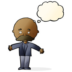cartoon bald man with open arms with thought bubble