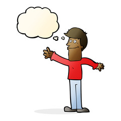 cartoon happy man waving with thought bubble