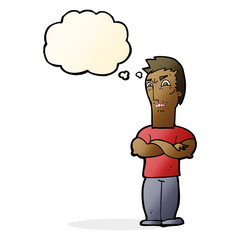 cartoon annoyed man with folded arms with thought bubble