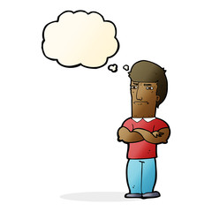 cartoon annoyed man with folded arms with thought bubble