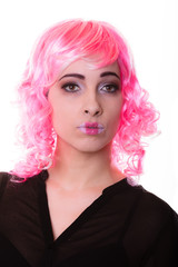 woman with pink wig creative visage portrait