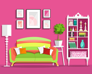 Cute graphic living room interior design with furniture: sofa, flowerpot, bookcase, lamp. Flat style vector illustration
