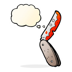cartoon bloody folding knife with thought bubble