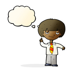 cartoon school boy answering question with thought bubble