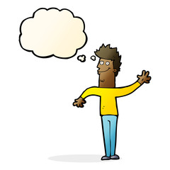 cartoon happy waving man with thought bubble