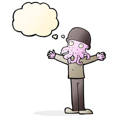 cartoon alien squid face man with thought bubble