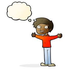 cartoon enthusiastic man with thought bubble