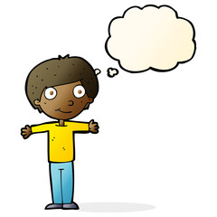 cartoon happy boy with open arms with thought bubble