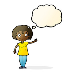 cartoon happy woman pointing with thought bubble